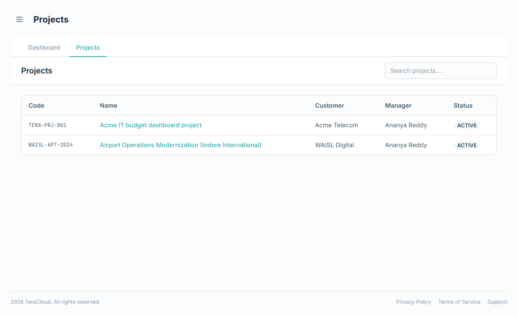 The Projects list